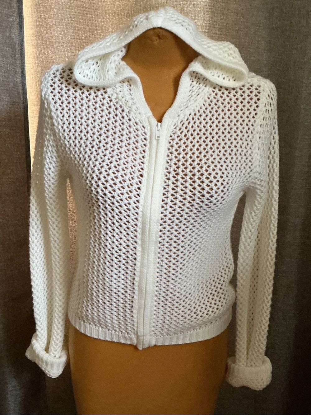 Women’s White Crochet Zip-Up Hooded Sweater